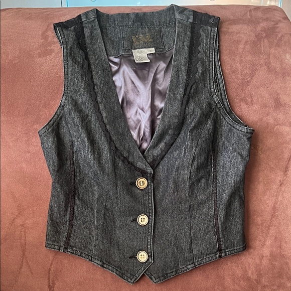 Jackets & Blazers - LAL Stylish Gray Button-Up Vest‎ with lace accent back pleated hem size S